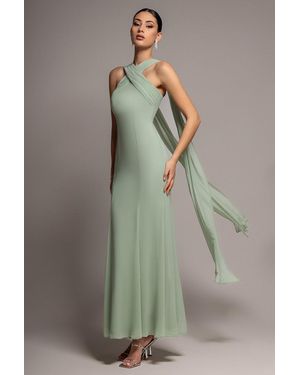 Goddiva Cross Front Scarf Back Chiffon Mermaid Maxi Dress - Green