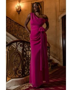 Goddiva One Shoulder Cowl With Bow Detail Maxi Dress - Red