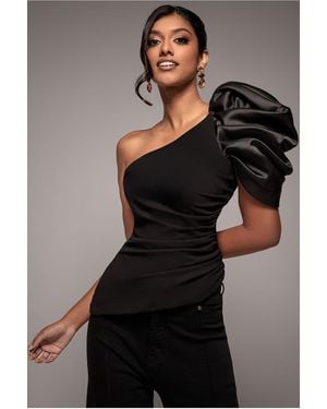 Goddiva One Shoulder Puffed Satin Sleeve Asymmetric Scuba Top - Gray