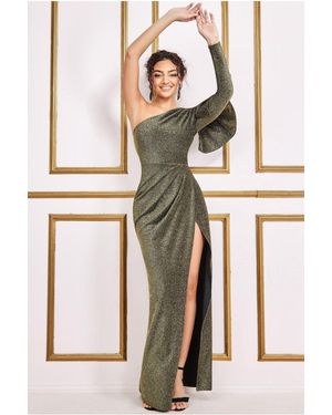Goddiva One Sleeve Frill Lurex Maxi Dress - Metallic