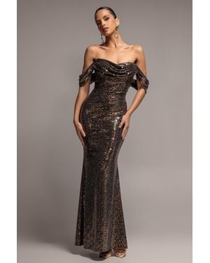 Goddiva Sequin Lurex Off Shoulder Cowl Bardot Maxi Dress - Brown