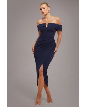 Goddiva Off The Shoulder Chiffon Wing Scuba Crepe Midi Dress - Blue