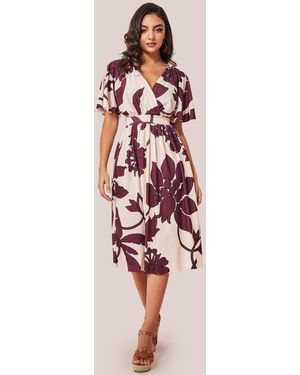 Goddiva Leaf Print Flutter Sleeve Midi - Pink