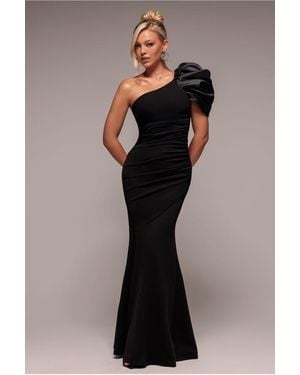 Goddiva One Shoulder Puffed Satin Sleeve Evening Maxi Dress - Black