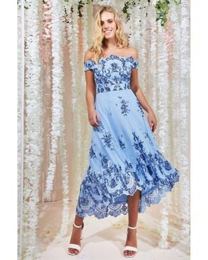 Goddiva Bardot Sequin & Lace High Low Midi - Blue