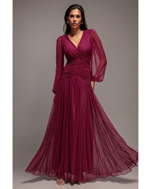 Goddiva Gathered Long Balloon Sleeve A-Line Mesh Maxi Dress