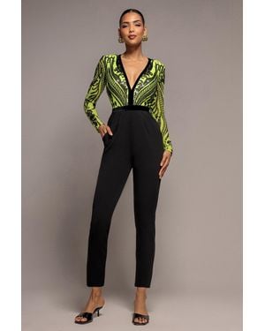 Goddiva Deep V Neck Sequin Embroidered Jumpsuit - Multicolor