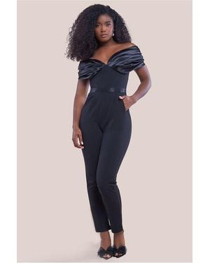 Goddiva Corset Bodice Scuba & Satin Bardot Jumpsuit - Blue