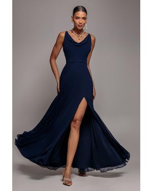 Goddiva Chiffon Cowl Twisted Rope Strap Lace-Up Flared Maxi Dress - Blue