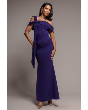 Goddiva One Shoulder Twisted Bardot Asymmetric Mermaid Maxi Dress - Purple
