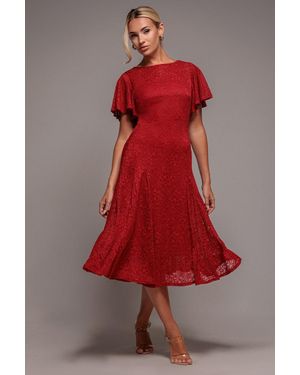Goddiva Flutter Sleeve Lace A-Line Midi Dress - Red