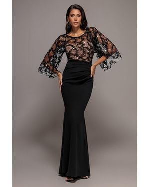 Goddiva Kimono Sleeve Lace-Scuba Crepe Mermaid Maxi Dress - Black