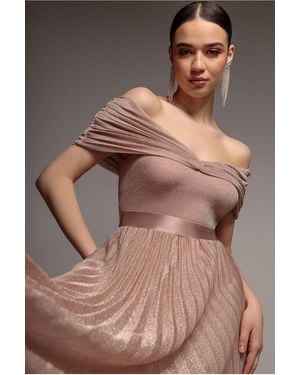 Goddiva Bardot Pleated Skirt Maxi Dress - Pink