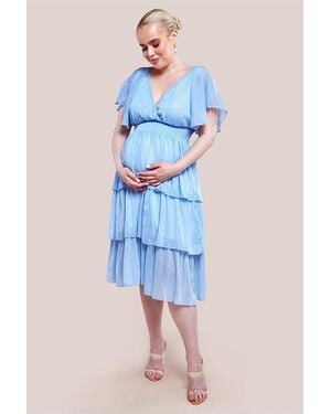 Goddiva Maternity Plain Lurex Chiffon Tiered Midi Dress - Blue