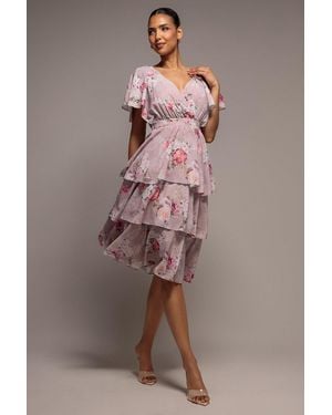 Goddiva Chiffon Tiered Midi Dress With Elasticated Waist - Brown