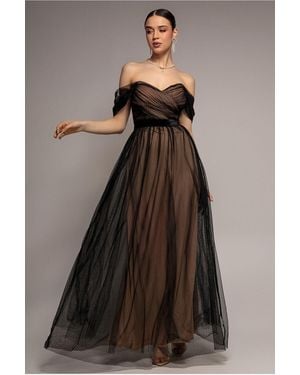 Goddiva Dobby Mesh Off The Shoulder Princess Maxi Dress - Black