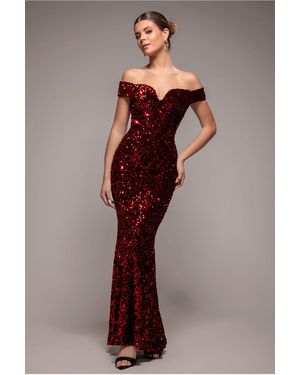 Goddiva Sequin Velvet Bardot Evening Maxi Dress - Red