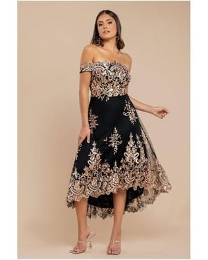 Goddiva Bardot Sequin & Lace High Low Midi - Natural