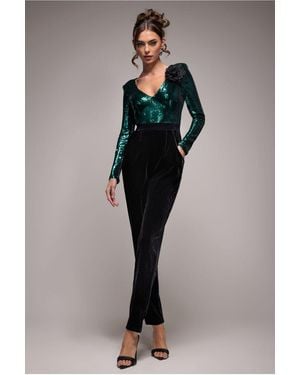 Goddiva Liquid Sequin Jumpsuit With Corsage - Blue