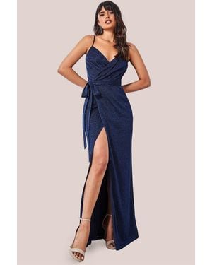 Goddiva Wrap Style Spaghetti Strap Maxi With Split - Blue
