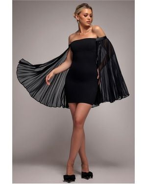 Goddiva Strapless Mini Dress With Pleated Chiffon Cape - Black