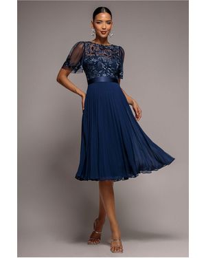 Goddiva Embroidered Top Chiffon Pleated Midi - Blue