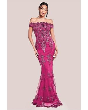 Goddiva Bardot Sequin Embroidered Maxi Dress - Pink