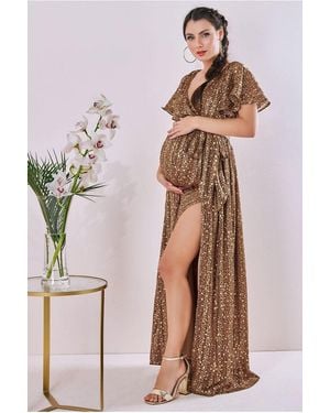 Goddiva Maternity Wrap Printed Chiffon Maxi Animal Print - Brown