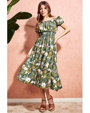 Goddiva Off The Shoulder Floral Midi Dress - Green