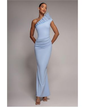 Goddiva One Shoulder Organza Frill Pleated Mermaid Maxi Dress - Blue