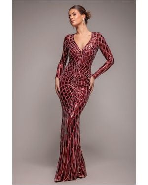 Goddiva Geo Sequin Long Sleeve Maxi Dress - Red