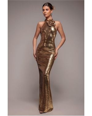 Goddiva Liquid Sequin Halterneck Maxi With Corsage - Metallic