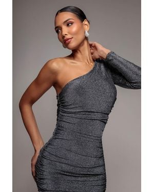 Goddiva Lurex One Shoulder Ruched Midi Dress - Grey