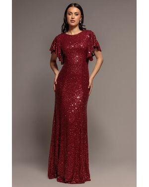 Goddiva Sequin Flutter Sleeve Maxi - Red