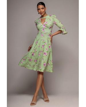 Goddiva Floral Printed Flared Sleeve Midi - Green