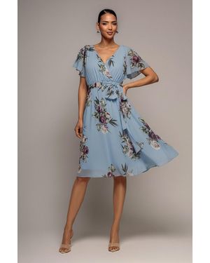 Goddiva Sustainable Floral Print Midi Wrap Dress With Flutter Sleeves - Blue