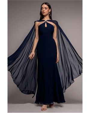 Goddiva Multiway Cape Chiffon With Embellished Trim Maxi Dress - Blue