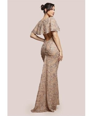 Goddiva Scalloped Cape Open Back Lace & Sequin Maxi Dress - Natural