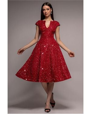 Goddiva Bead Embellished Jacquard A Line Midi Dress - Red