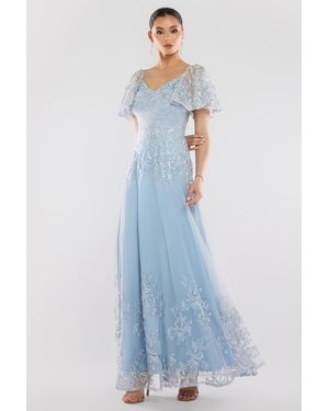 Goddiva Lace Flutter Sleeve Embroidered Mesh A-Line Maxi Dress - Blue