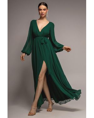 Goddiva Sustainable Front Split Wrap Style Chiffon Maxi Dress - Green