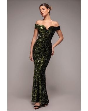 Goddiva Sequin Velvet Bardot Evening Maxi Dress - Green