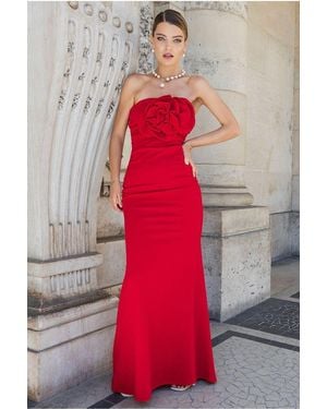 Goddiva Scuba Crepe Bandeau Rose Maxi Dress - Red