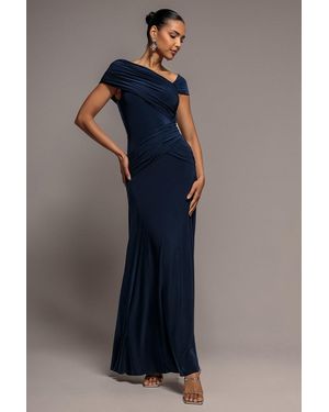 Goddiva Asymmetric Neck Gathered Waist Maxi Dress - Blue