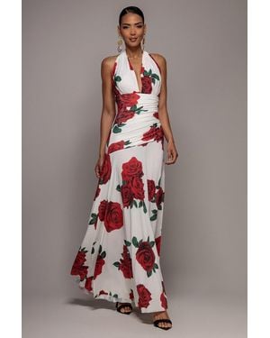 Goddiva Floral Halter Neck Empire Waist Gathered Maxi Dress - Multicolour