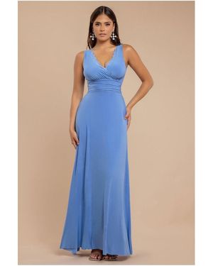 Goddiva Diamante & Scalloped Lace Neck Maxi Dress - Blue