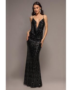 Goddiva Plunge Cowl Criss Cross Back Sequin Maxi Dress - Blue