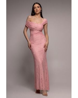 Goddiva One Shoulder Pleated Bardot Lace Maxi Dress - Pink
