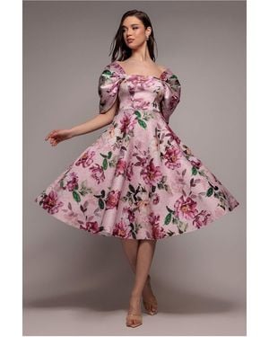 Goddiva Off Shoulder Floral Bow Back A Line Midi Dress - Pink