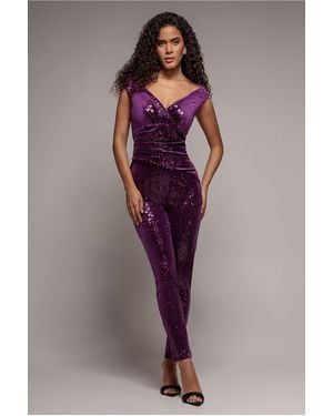 Goddiva Sequin Velvet Bardot Jumpsuit - Purple